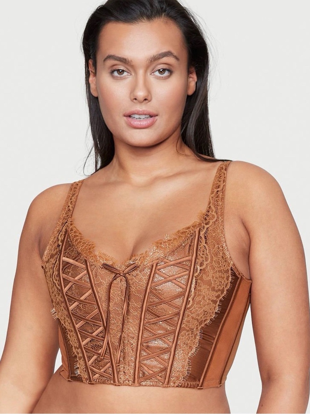Victoria's Secret Lace-Trim Longline Bustier Bralette in Brown
